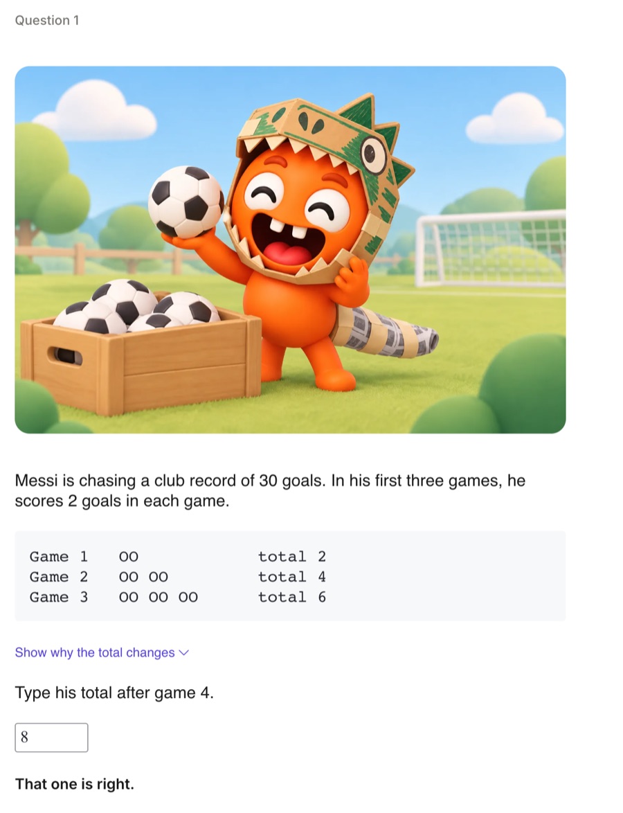 Question 1, with a picture of the cardboard dino holding a football by a crate of balls. Messi is chasing a club record of 30 goals and scores 2 goals in each of his first three games. Type his total after game 4: 8. That one is right.
